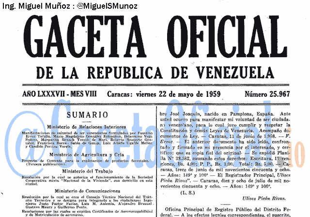 Gaceta Oficial 25967 del 22 Mayo 1959