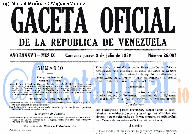 Gaceta Oficial 26007 del 9 Julio 1959