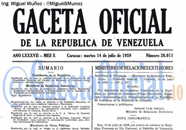 Gaceta Oficial 26011 del 14 Julio 1959