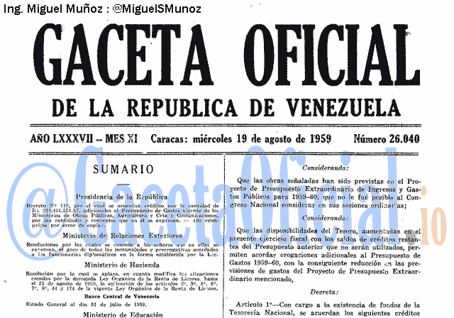 Gaceta Oficial 26040 del 19 Agosto 1959
