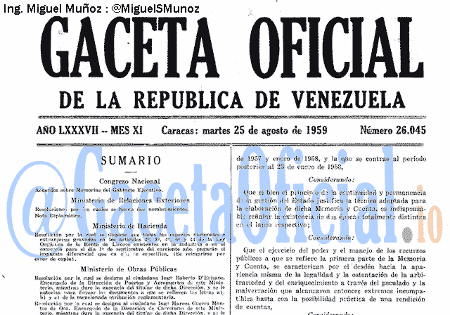 Gaceta Oficial 26045 del 25 Agosto 1959