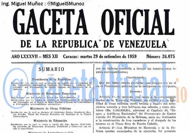 Gaceta Oficial 26075 del 29 Septiembre 1959
