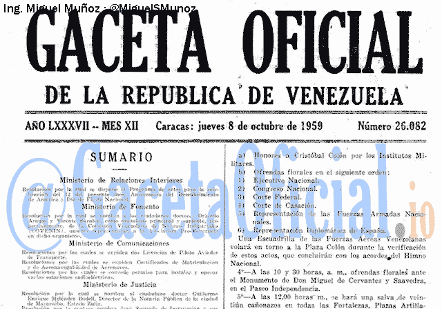 Gaceta Oficial 26082 del 8 Octubre 1959