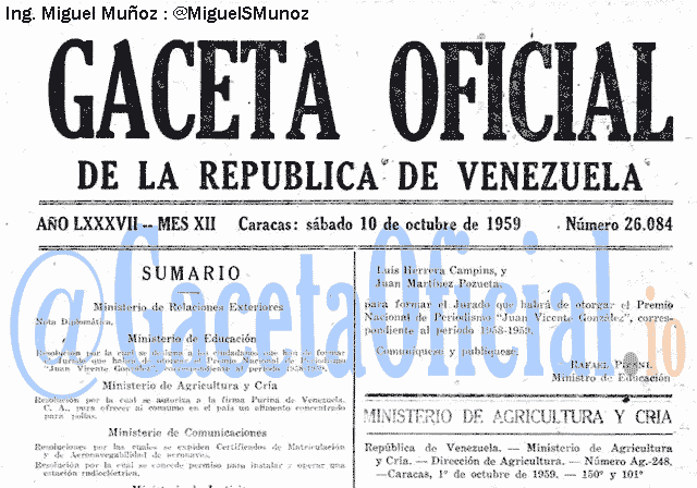 Gaceta Oficial 26084 del 10 Octubre 1959