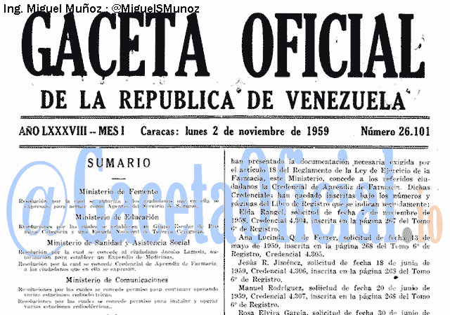 Gaceta Oficial 26101 del 2 Noviembre 1959