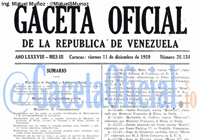 Gaceta Oficial 26134 del 11 Diciembre 1959