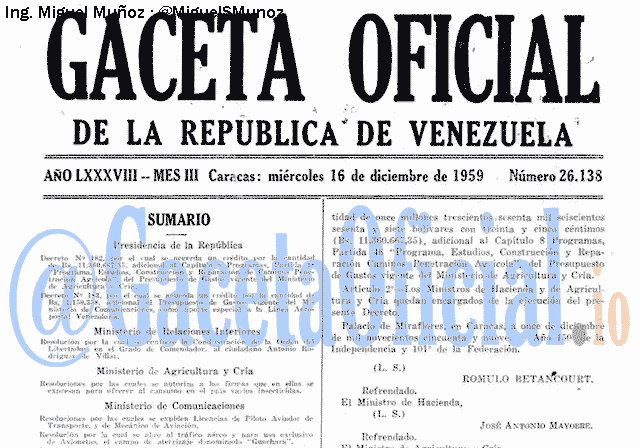 Gaceta Oficial 26138 del 16 Diciembre 1959