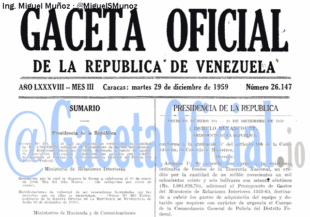 Gaceta Oficial 26147 del 29 Diciembre 1959