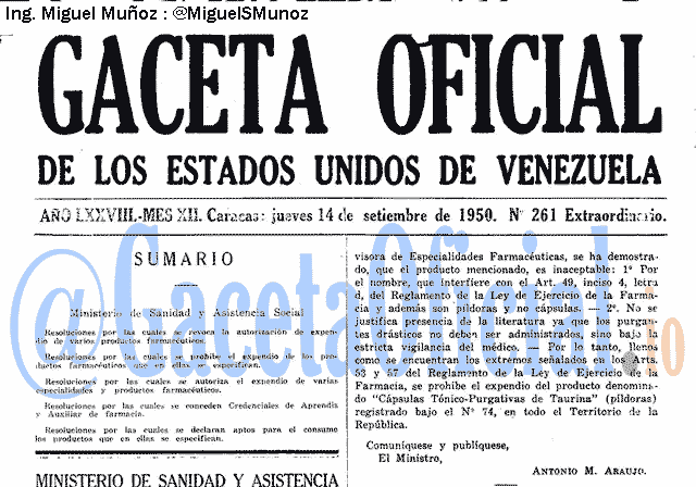 Gaceta Oficial 261 del 14 Septiembre 1950