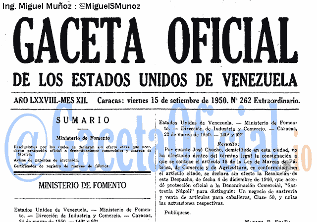 Gaceta Oficial 262 del 15 Septiembre 1950