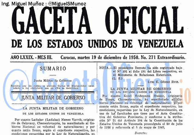 Gaceta Oficial 271 del 19 Diciembre 1950