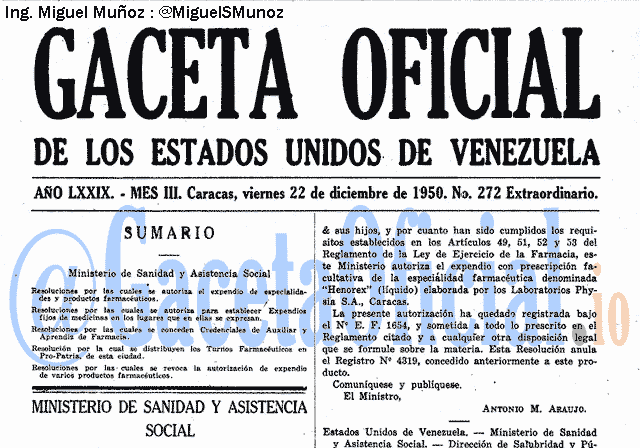 Gaceta Oficial 272 del 22 Diciembre 1950