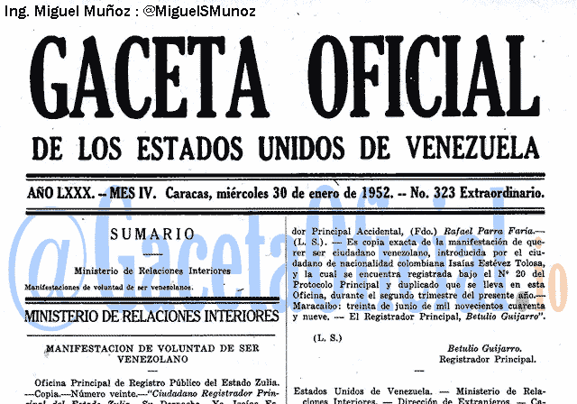 Gaceta Oficial 323 del 30 Enero 1952