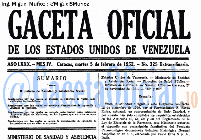 Gaceta Oficial 325 del 5 Febrero 1952