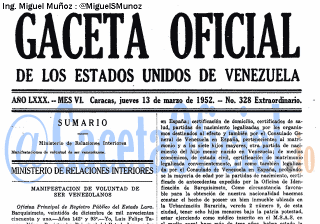 Gaceta Oficial 328 del 13 Marzo 1952