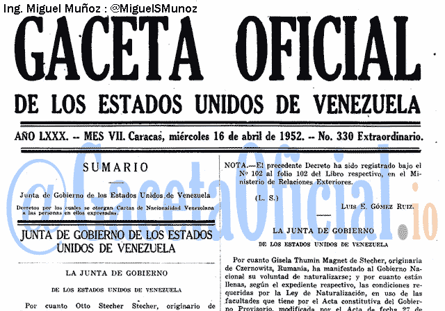 Gaceta Oficial 330 del 16 Abril 1952
