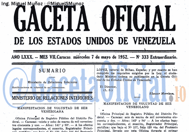 Gaceta Oficial 333 del 7 Mayo 1952