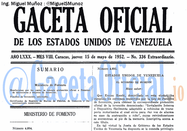 Gaceta Oficial 336 del 15 Mayo 1952