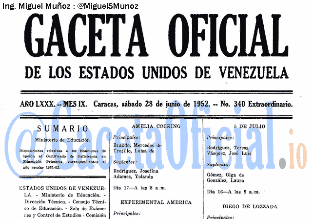 Gaceta Oficial 340 del 28 Junio 1952