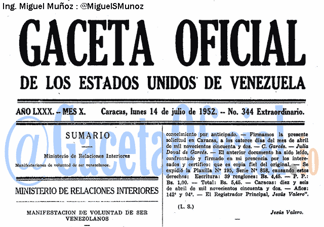 Gaceta Oficial 344 del 14 Julio 1952