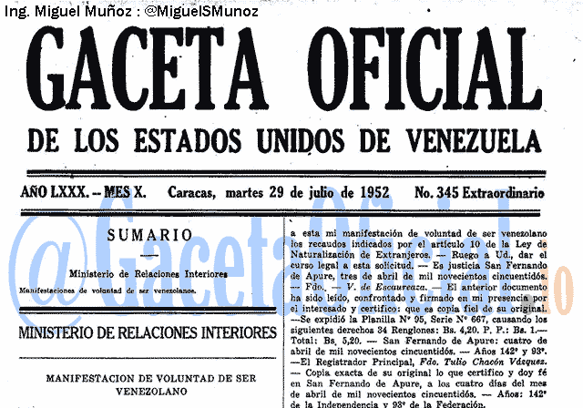 Gaceta Oficial 345 del 29 Julio 1952