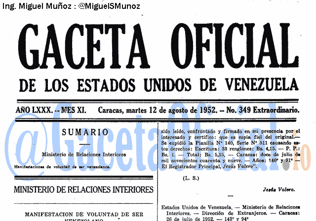 Gaceta Oficial 349 del 12 Agosto 1952