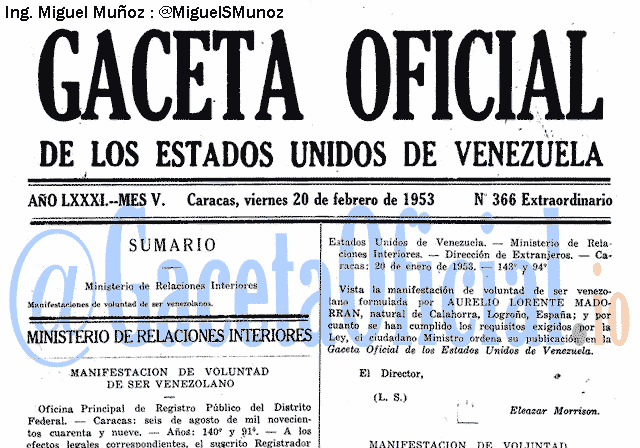 Gaceta Oficial 366 del 20 Febrero 1953