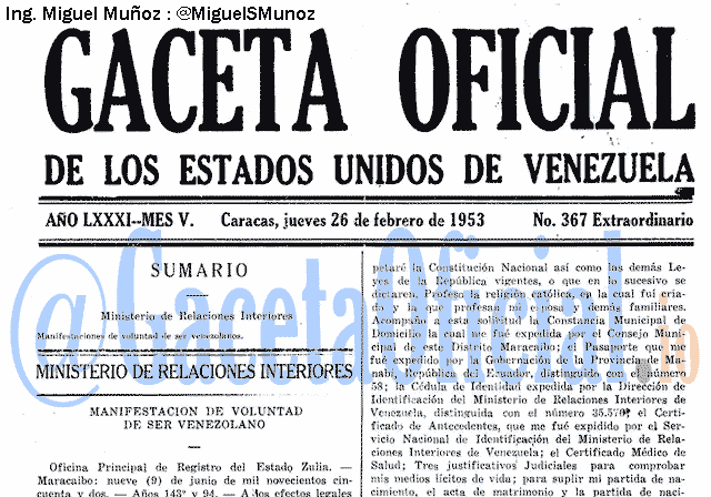 Gaceta Oficial 367 del 26 Febrero 1953