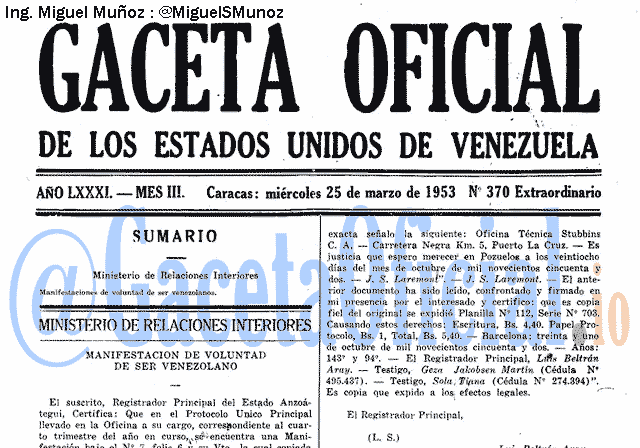 Gaceta Oficial 370 del 25 Marzo 1953
