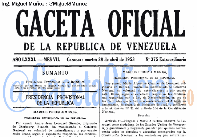 Gaceta Oficial 375 del 28 Abril 1953