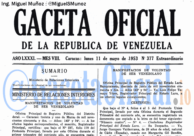 Gaceta Oficial 377 del 11 Mayo 1953