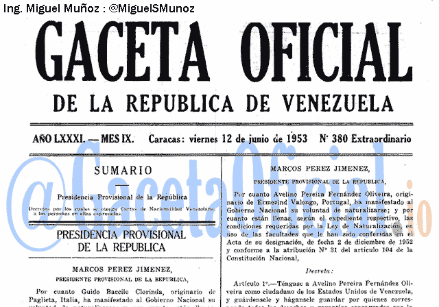 Gaceta Oficial 380 del 12 Junio 1953