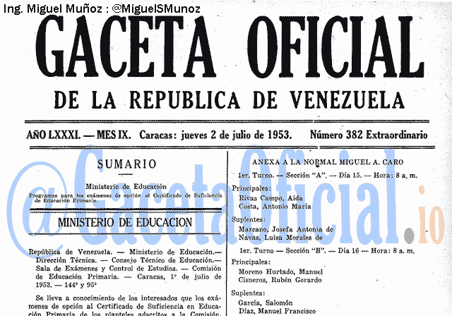 Gaceta Oficial 382 del 2 Julio 1953