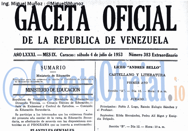 Gaceta Oficial 383 del 4 Julio 1953
