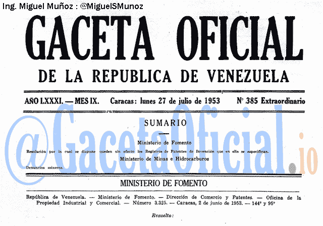 Gaceta Oficial 385 del 27 Julio 1953