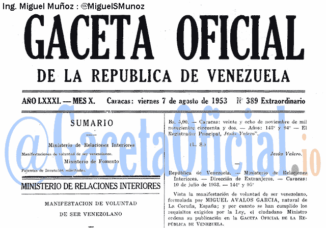 Gaceta Oficial 389 del 7 Agosto 1953