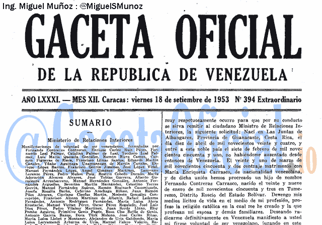 Gaceta Oficial 394 del 18 Septiembre 1953