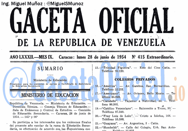 Gaceta Oficial 415 del 28 Junio 1954