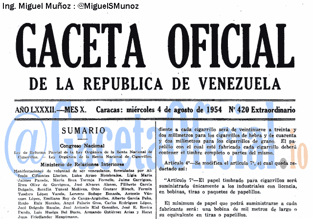 Gaceta Oficial 420 del 4 Agosto 1954