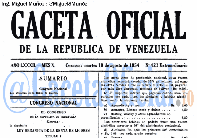 Gaceta Oficial 421 del 10 Agosto 1954