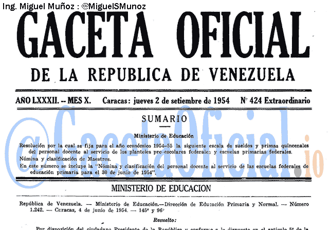 Gaceta Oficial 424 del 2 Septiembre 1954