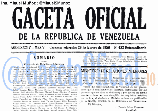 Gaceta Oficial 482 del 29 Febrero 1956