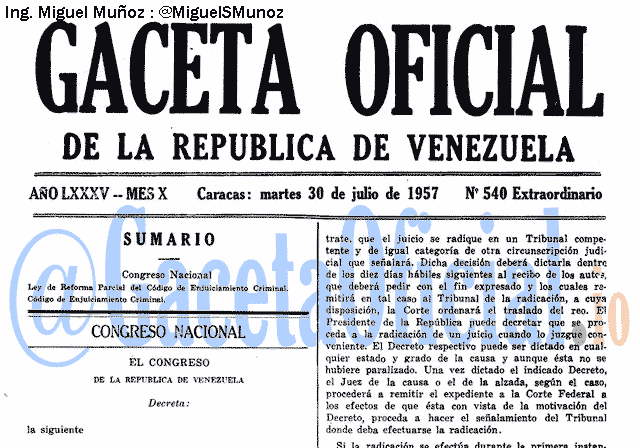 Gaceta Oficial 540 del 30 Julio 1957