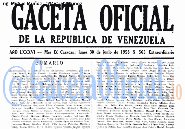 Gaceta Oficial 565 del 30 Junio 1958