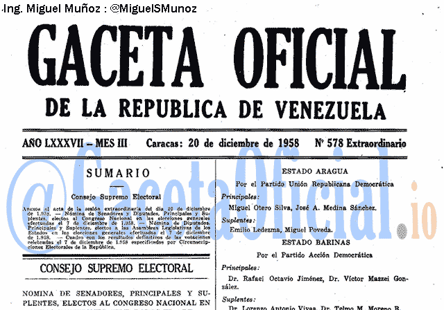 Gaceta Oficial 578 del 20 Diciembre 1958
