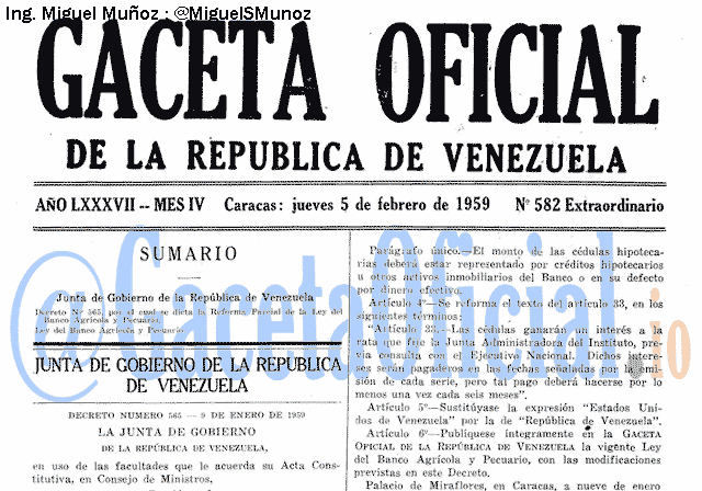 Gaceta Oficial 582 del 5 Febrero 1959