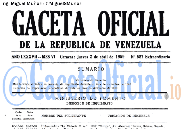 Gaceta Oficial 587 del 2 Abril 1959
