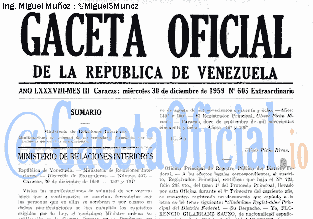 Gaceta Oficial 605 del 30 Diciembre 1959