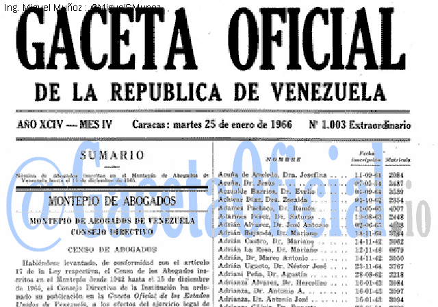 Gaceta Oficial 1003 del 25 Enero 1966