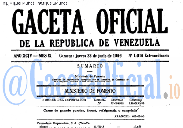 Gaceta Oficial 1016 del 23 Junio 1966